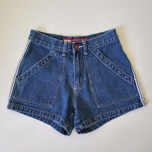 Vintage Y2K Breakdown Denim Shorts Blue Dark Wash Cotton Mid‎ Rise Logo